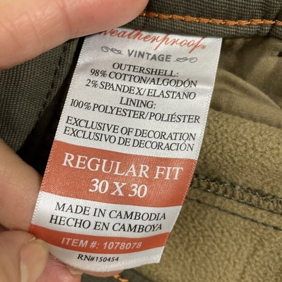 NEW Weatherproof Men's Reg Fit Fleece-Lined Stretch Canvas Pants, Green 30X30 - Picture 7 of 10